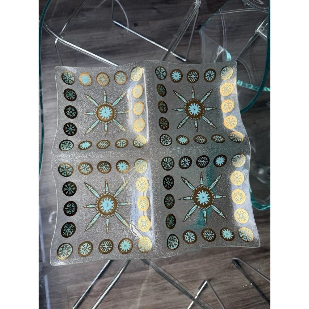 Vintage MCM CULVER Glass Carnival Turquoise Blue Gold 4 Serving‎ Tray Platter